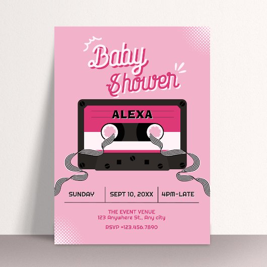 Invitation Cadeau de bébé shower cassette musicale rose