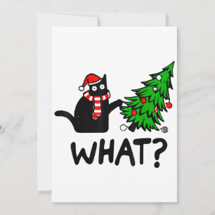 Invitation Cadeau drôle de chat noir poussant l'arbre de Noël