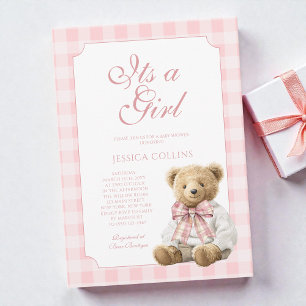 Invitation Cadeau élégant en vichy rose Ourson C'est une fill