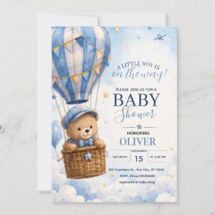 Invitation Cadeau Ourson Bleu en Montgolfière pour Baby Showe