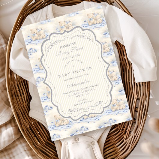 Invitation Cadeau Ourson Bleuet Shower de Bébé Toile