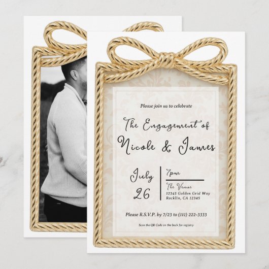 Invitation Cadeau Présent Doré Photo Fiançailles Fête (Devant / Derrière)