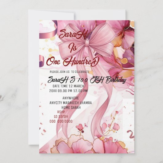Invitation Cadeau rose 100e anniversaire (Devant)