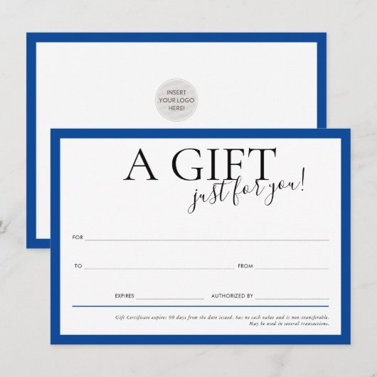 Invitation CADEAU VOUCHER élégant business chic royal bleu (Devant / Derrière)