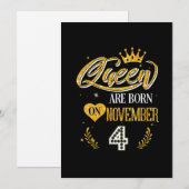 Invitation Cadeaux 4 Ans Reine Est Née Le 4 Novembre (Devant / Derrière)