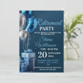 Invitation Cadeaux de ballon de fête de retraite bleue (Debout devant)