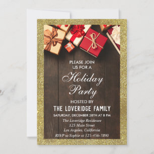 Invitation Cadeaux de fête de Noël festive pailletés or