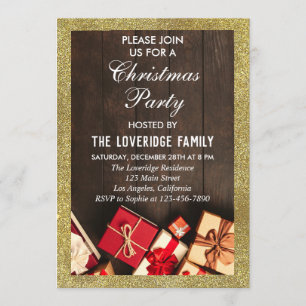 Invitation Cadeaux de fête de Noël festive pailletés or