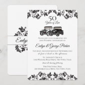 Invitation Cadeaux de voiture ancienne et damassé 50e anniver (Devant / Derrière)