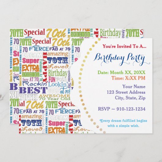 Invitation Cadeaux Uniques Et Spéciaux 70e Anniversaire (Devant / Derrière)