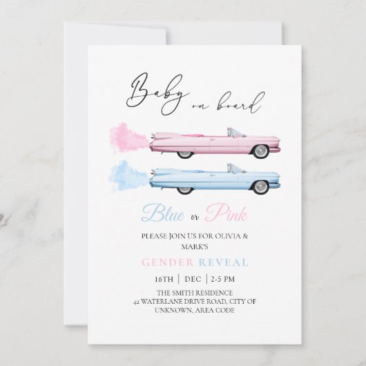 Invitation Cadillac bleu et rose Voiture Bébé Révélation de g (Devant)