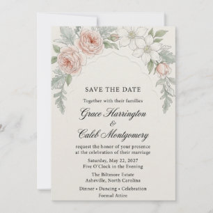 Invitation Cadre à Arche Écaillée et Aquarelle Florale Rose