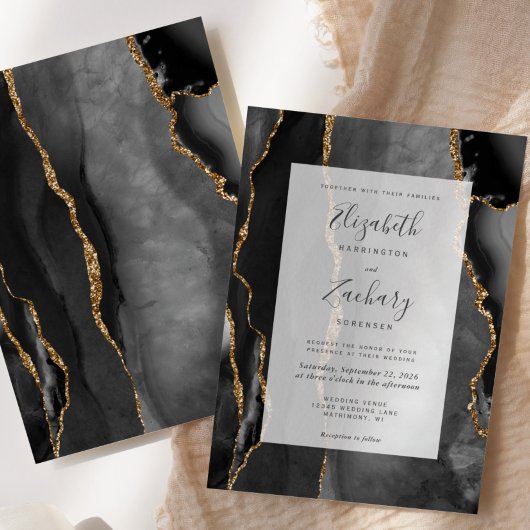 Invitation Cadre Agate moderne Black Gold Mariage