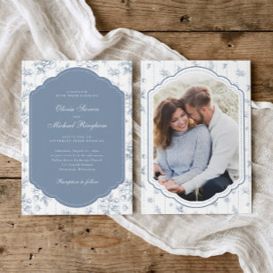 Invitation Cadre Ancien Toile Photo Mariage Bleu Poussiéreux