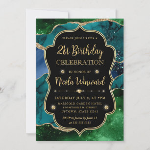 Invitation Cadre Anniversaire Agate Pailleté Bleu, Vert et Or