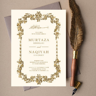 Invitation Cadre antique doré crème et or Mariage musulman