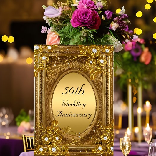 Invitation Cadre Antique Floral Diamant Or 50e Anniversaire