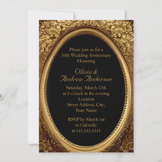 Invitation Cadre antique floral orné en or 50e anniversaire (Dos)