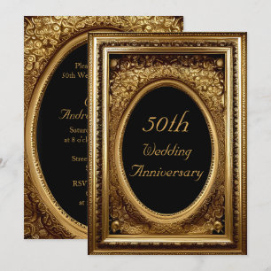 Invitation Cadre antique floral orné en or 50e anniversaire