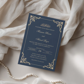 Invitation Cadre Antique Rococo Orné de Mariage Musulman Bleu