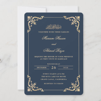 Invitation Cadre Antique Rococo Orné de Mariage Musulman Bleu