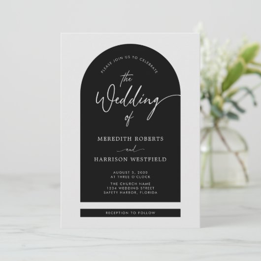 Invitation Cadre Arch Script moderne Code QR Mariage noir (Debout devant)