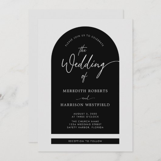 Invitation Cadre Arch Script moderne Code QR Mariage noir (Devant / Derrière)