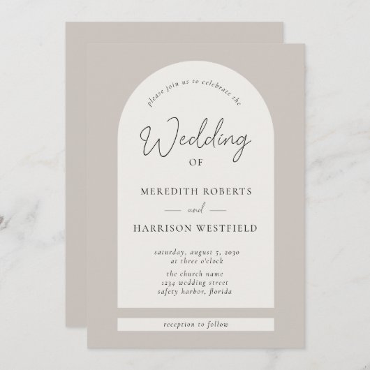 Invitation Cadre Arche de script moderne Taupe Ecru Mariage (Devant / Derrière)
