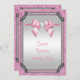 Invitation Cadre argent élégant et posh rose Gem Bow Sweet 16