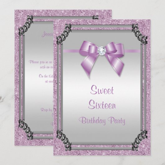 Invitation Cadre Argent élégant & Lilac Posh Gem Bow Sweet 16 (Devant / Derrière)
