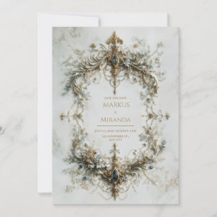Invitation Cadre Argent Orné de Pierres Bleues Baroque Mariag