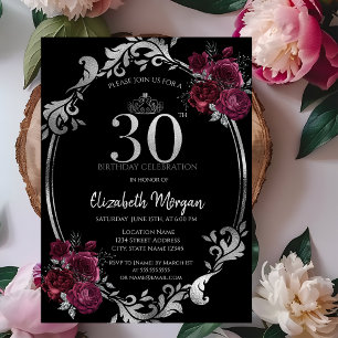Invitation Cadre argent Roses bordeaux 30ème anniversaire