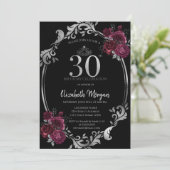 Invitation Cadre argent Roses bordeaux 30ème anniversaire (Debout devant)