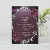 Invitation Cadre argenté chic Roses bordeaux Engagement (Debout devant)