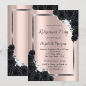 Invitation Cadre argenté élégant, Roses noires de retraite (Devant / Derrière)