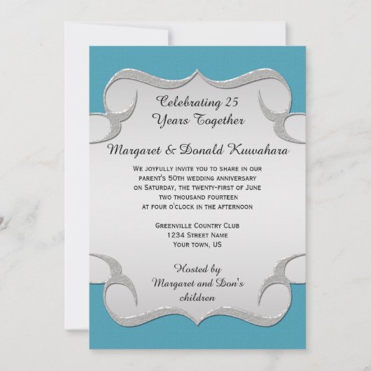 Invitation Cadre argenté orné bleu sarcelle 25e anniversaire (Devant)