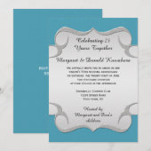 Invitation Cadre argenté orné bleu sarcelle 25e anniversaire (Devant / Derrière)