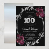 Invitation Cadre argenté Roses bordeaux 100e anniversaire (Devant / Derrière)