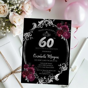 Invitation Cadre argenté Roses bordeaux 60e anniversaire