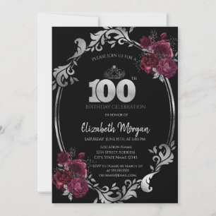 Invitation Cadre argenté Roses bordeaux Noir 100e Anniversair