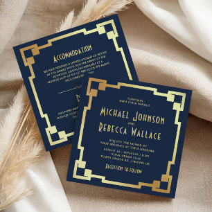 Invitation Cadre Art Déco Bleu Nuit Or Tout en Un Mariage