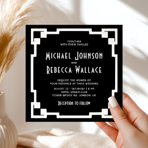 Invitation Cadre Art Déco Noir Blanc Mariage Tout en Un