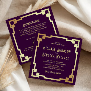 Invitation Cadre Art Déco Violet Or Tout en Un Mariage