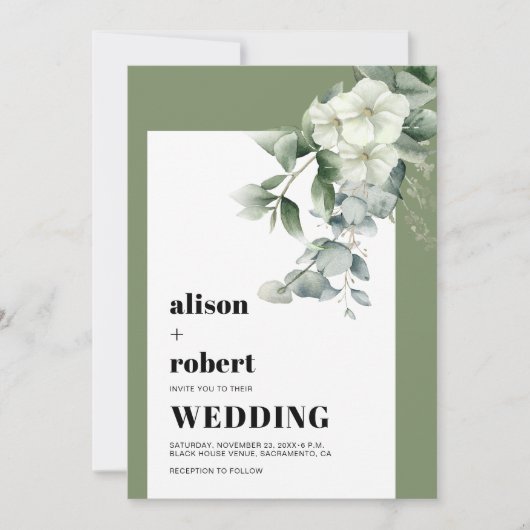 Invitation Cadre avec eucalyptus et fleurs blanches mariage (Devant)
