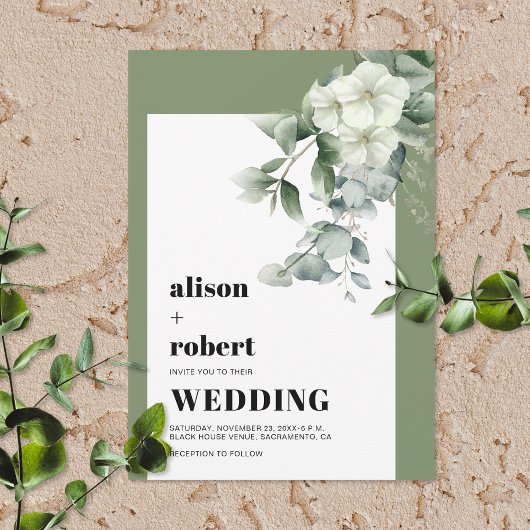 Invitation Cadre avec eucalyptus et fleurs blanches mariage