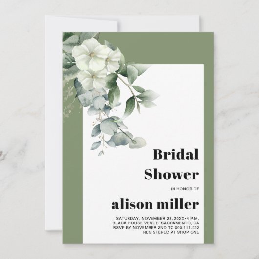 Invitation Cadre avec eucalyptus, fleurs blanches douche nupt (Devant)