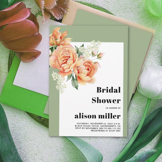 Invitation Cadre avec roses pêche sauge vert nuptiale douche