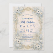 Invitation Cadre baroque floral bleu pour 90e anniversaire (Devant)