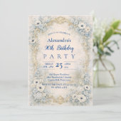 Invitation Cadre baroque floral bleu pour 90e anniversaire (Debout devant)