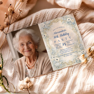 Invitation Cadre baroque floral bleu pour 90e anniversaire